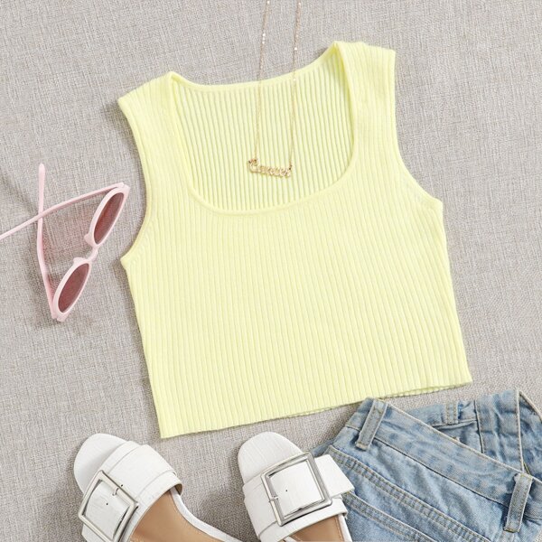 

Scoop Neck Rib-knit Tank Top, Yellow pastel