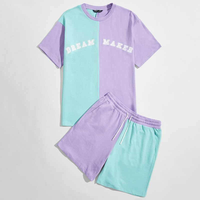 

Guys Drop Shoulder Two Tone Letter Graphic Top & Track Shorts Set, Multicolor