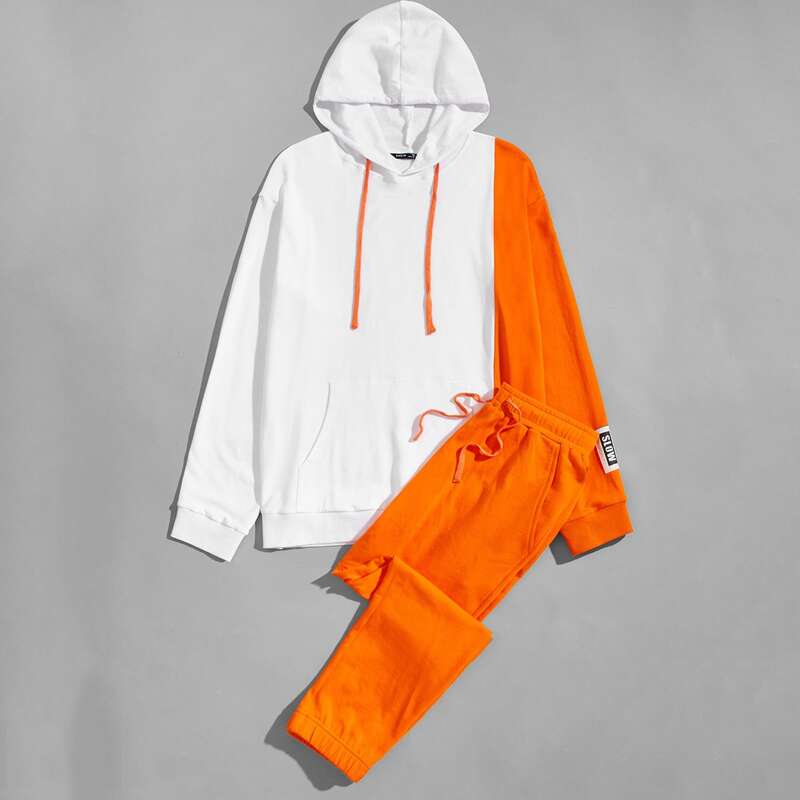

Guys Neon Orange Colorblock Drawstring Hoodie & Joggers Set, Multicolor