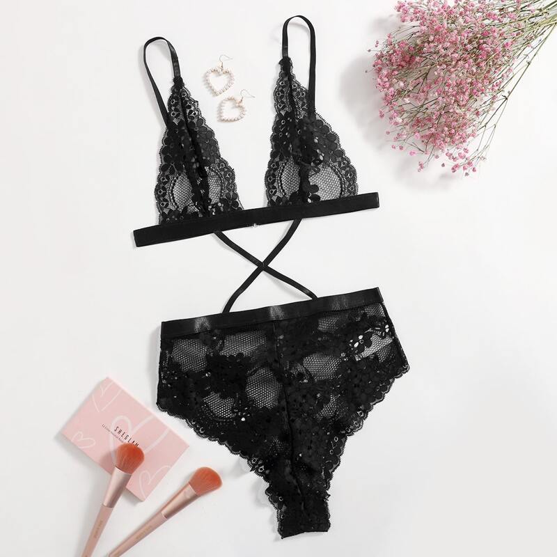 

Floral Lace Crisscross Teddy Bodysuit, Black