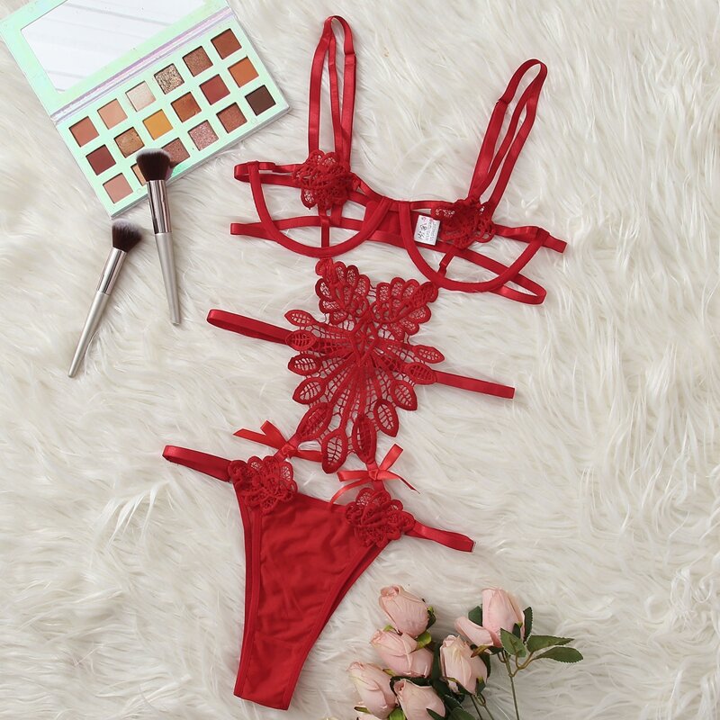 

Cut Out Guipure Lace Teddy Bodysuit, Red