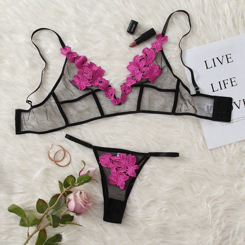 

Appliques Sheer Mesh Lingerie Set, Multicolor