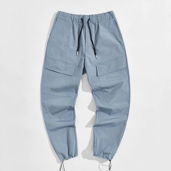 

Men Drawstring Waist Flap Pocket Pants, Dusty blue