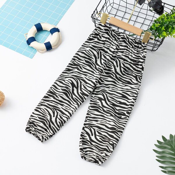 

Toddler Girls Zebra Stripe Print Elastic Waist Tapered Pants, Black and white