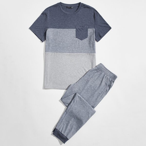 

Men Pocket Patched Colorblock Tee and Pants PJ Set, Multicolor