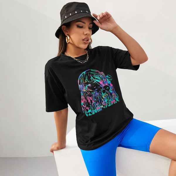 

Drop Shoulder Graphic Print Tee, Black