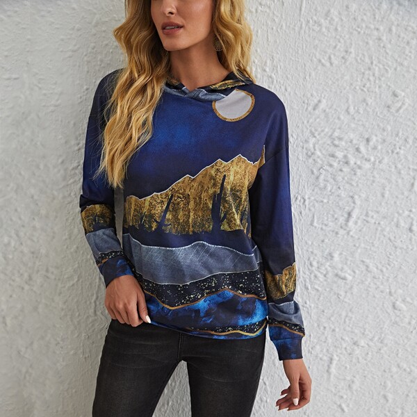 

Landscape Print Drop Shoulder Hoodie, Multicolor