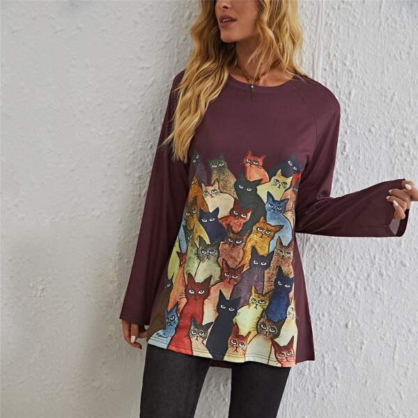 

Cat Print High Low Tee, Multicolor