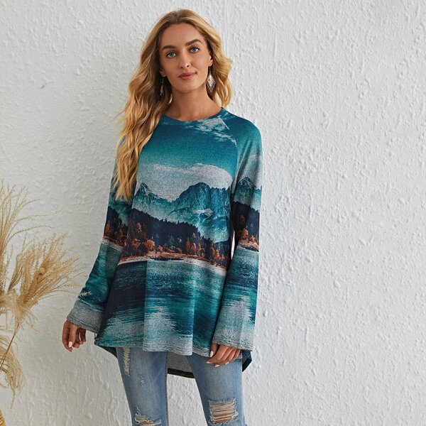 

Hill & Lake & Tree Print Raglan Sleeve Tee, Multicolor