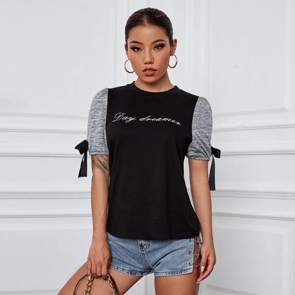 

Letter Graphic Knot Cuff Colorblock Tee, Black