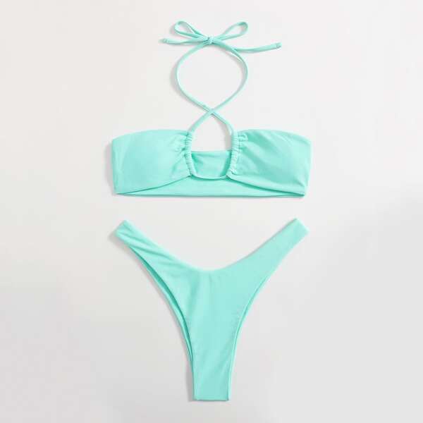 

Halter High Cut Bikini Swimsuit, Mint green