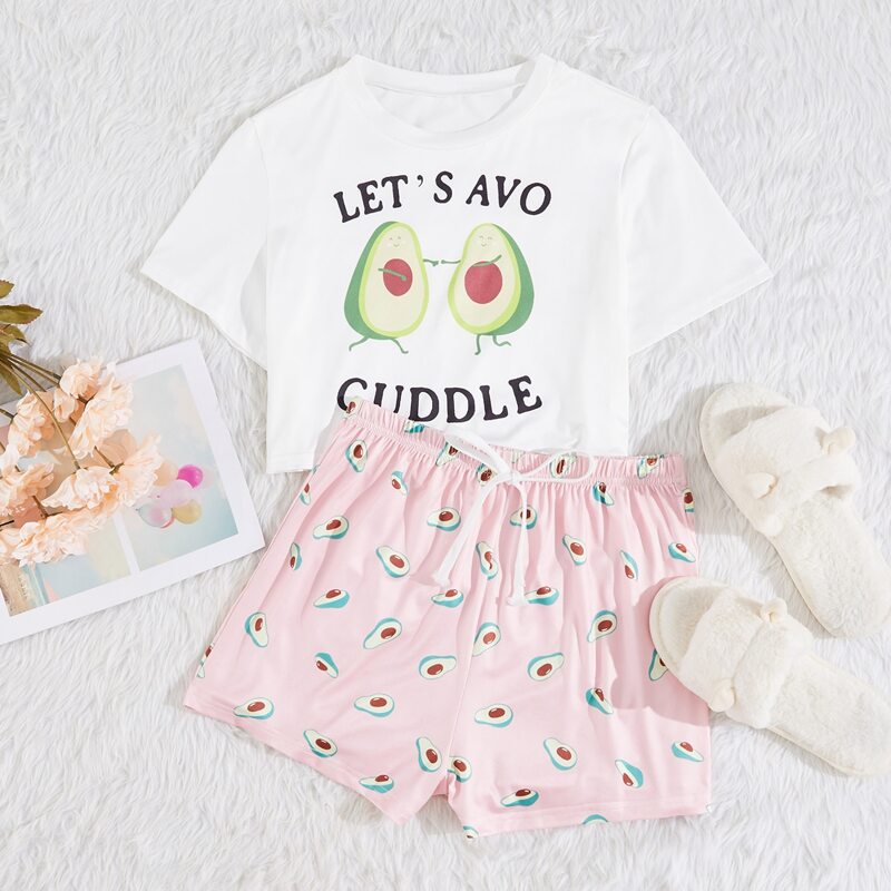 

Letter Graphic Top With Allover Avocado Shorts Pajama Set, Multicolor