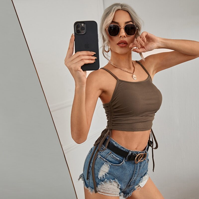 

Drawstring Side Solid Cami Top, Coffee brown