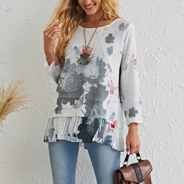 

Ink Painting Pleated Hem Sweater, Multicolor
