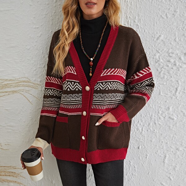 

Geo Pattern Button Front Cardigan, Multicolor