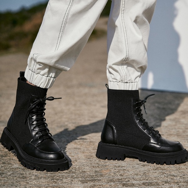 

Knit Panel Lace-up Front Combat Boots, Black