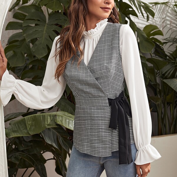 

Wrap Tie Side Plaid Blazer Vest, Black and white