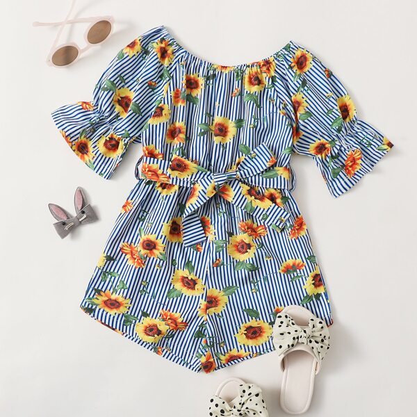 

Toddler Girls Striped Sunflower Print Belted Romper, Multicolor