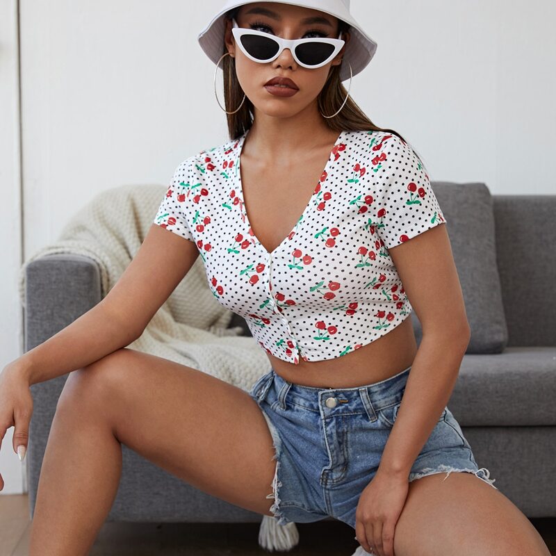 

Cherry & Dot Print Crop Tee, White