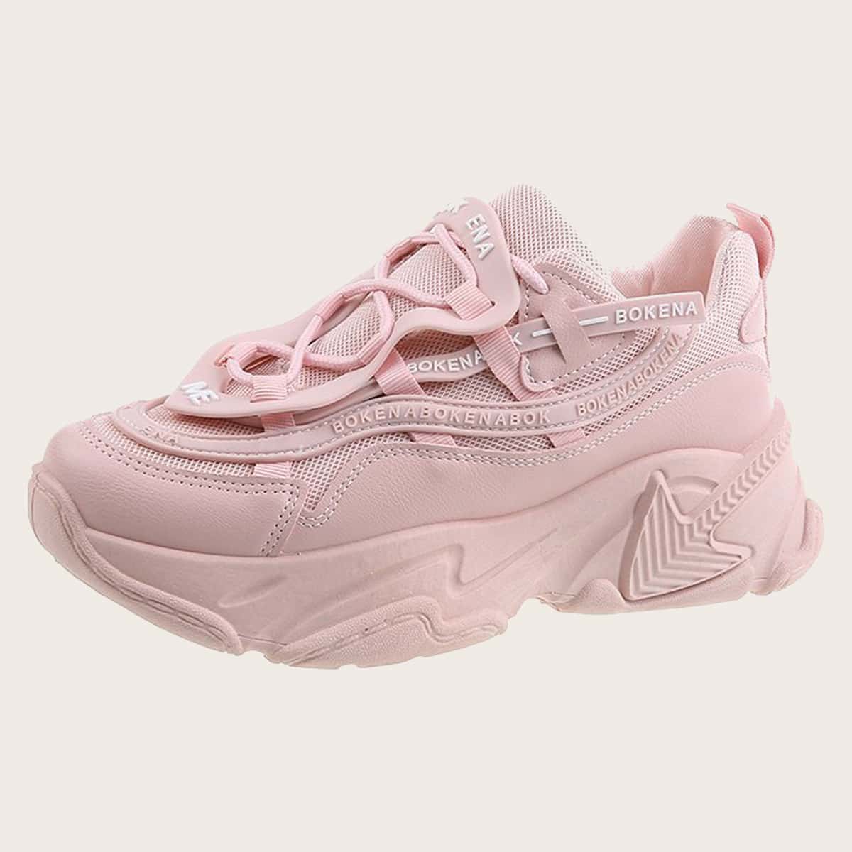 

Letter Lace-up Mesh Chunky Sneakers, Baby pink