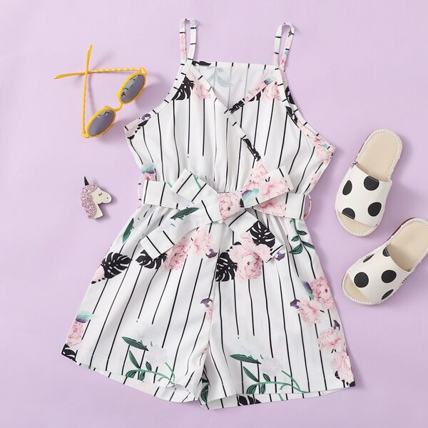 

Toddler Girls Floral Belted Cami Romper, White