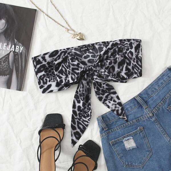 

Tie Front Leopard Bandeau Crop Top, Multicolor