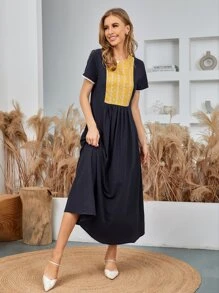 Al Najma 拼色和幾何圖案A型連衣裙 - 藏蓝色 - 查看 3