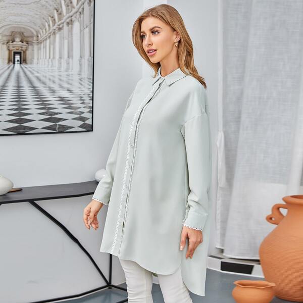 

Button Front High Low Hem Blouse Without Belt, Mint green