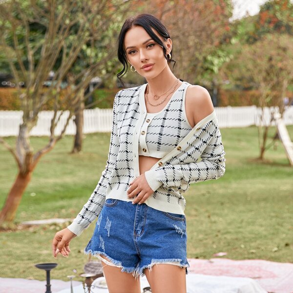 

Plaid Pattern Crop Knit Top With Button Front Cardigan, Black and white