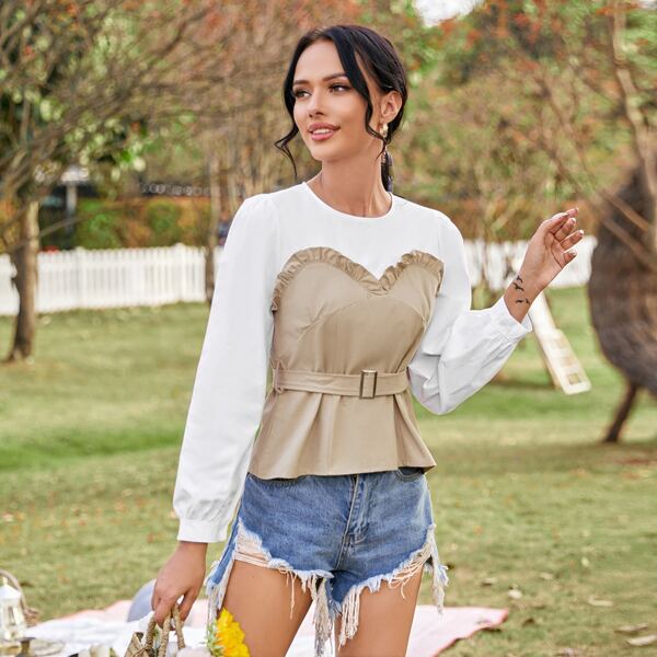 

Color-block Frill Trim Belted Blouse, Multicolor