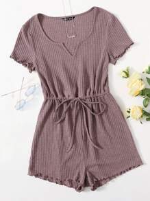 SHEIN LUNE Notched Neck Lettuce Trim Romper - Dusty Purple - View 1