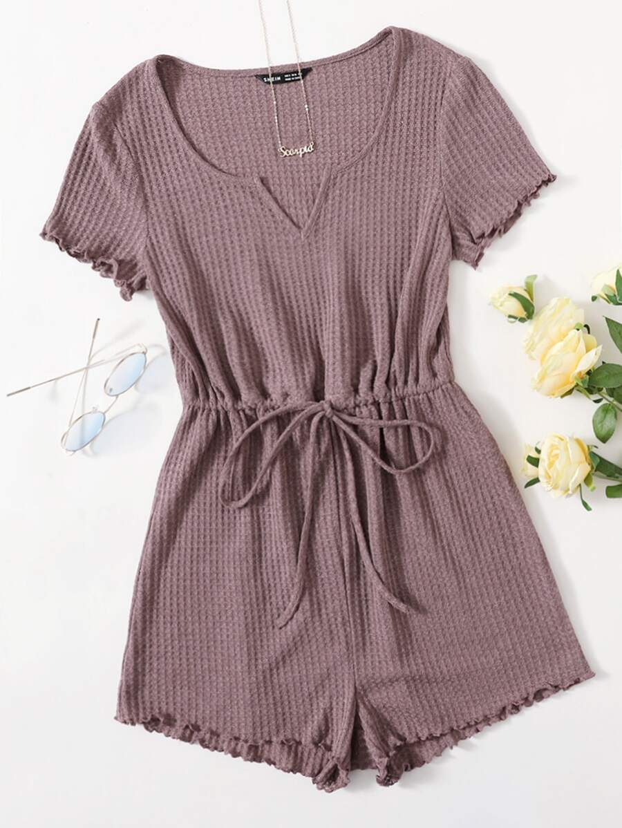 SHEIN LUNE Notched Neck Lettuce Trim Romper - Dusty Purple - View 1