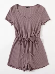 SHEIN LUNE Notched Neck Lettuce Trim Romper - Dusty Purple - View 5