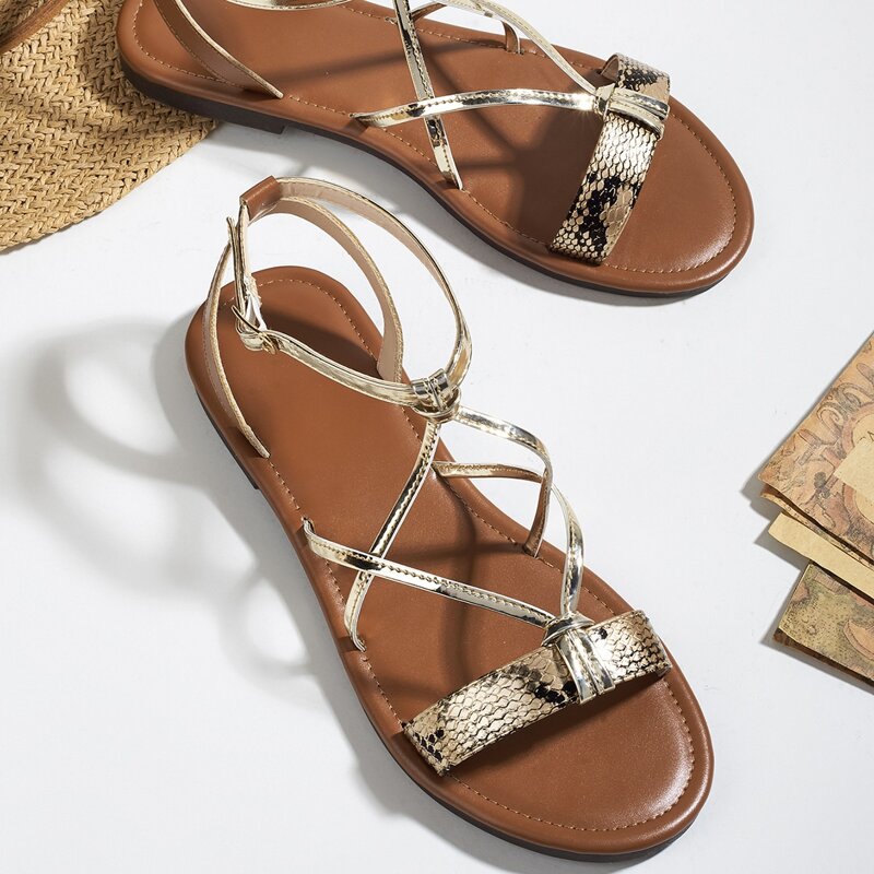 

Snakeskin Cross Strap Sandals, Gold