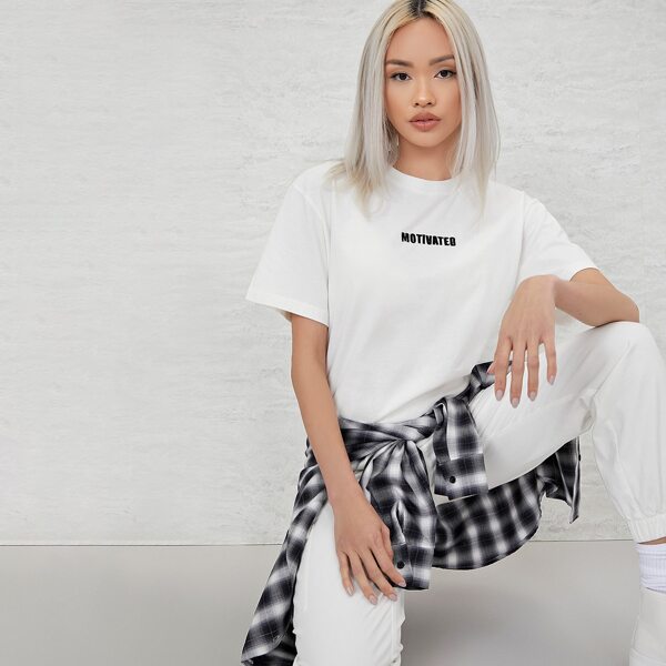 

Drop Shoulder Letter Embroidery Tee, White