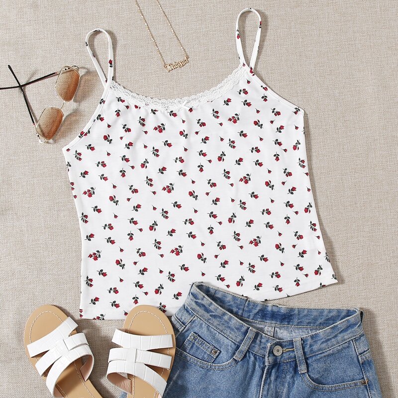 

Ditsy Floral Lace Trim Cami Top, White