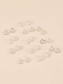 Bông tai đinh tán thiết kế hình sao & trái tim 18 cặp - Bạc - Xem 2