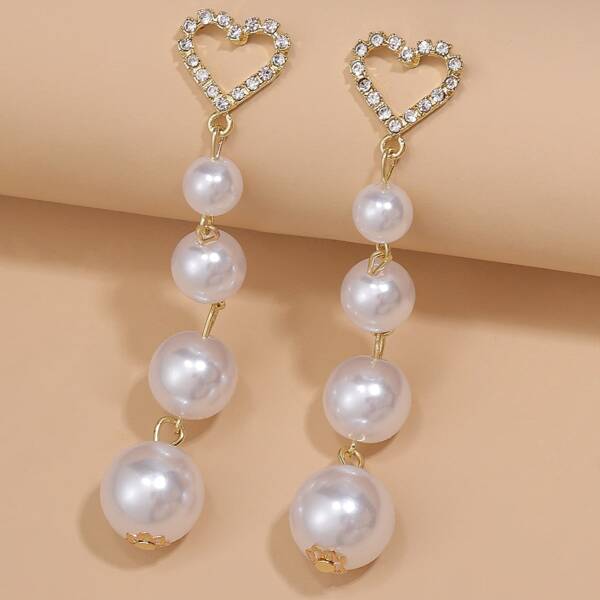 

Faux Pearl & Rhinestone Heart Decor Drop Earrings, Gold