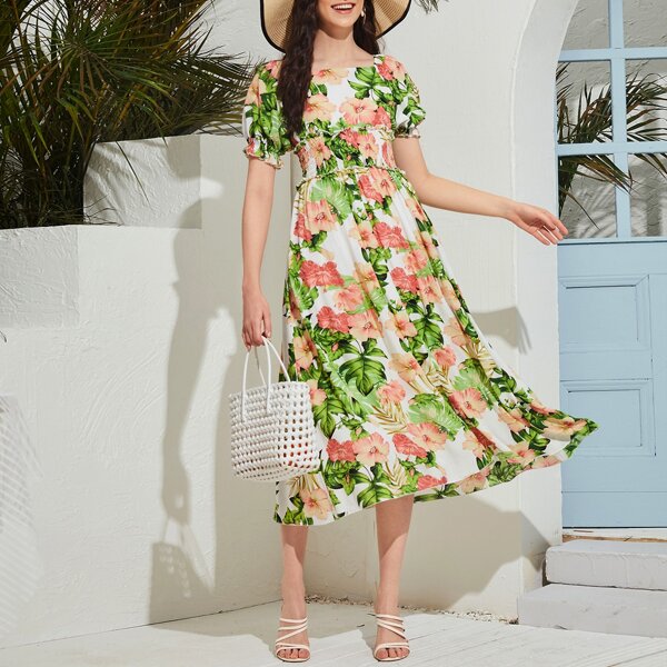 

Floral And Tropical Print Shirred Swing Dress, Multicolor