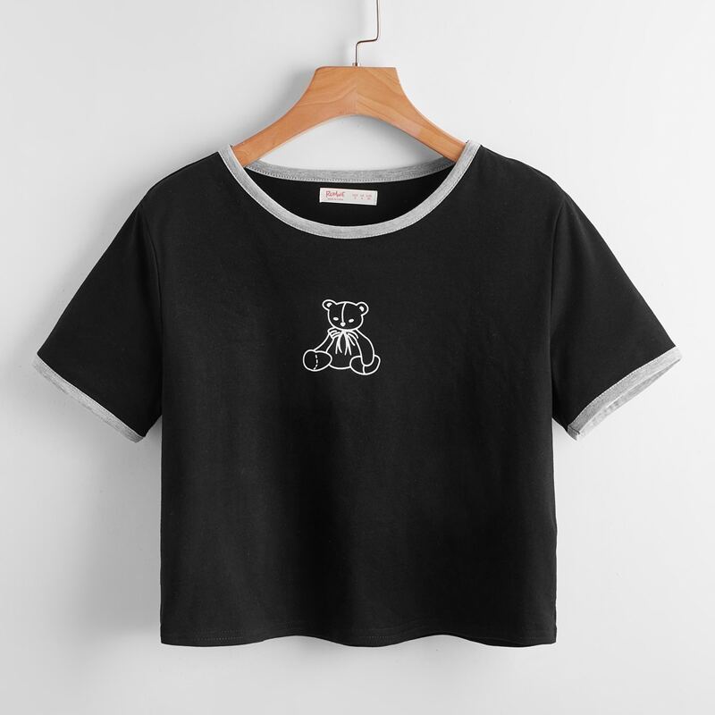 

Bear Graphic Ringer Crop Tee, Black