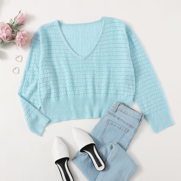 

Plus Pointelle Knit V-neck Sweater, Baby blue