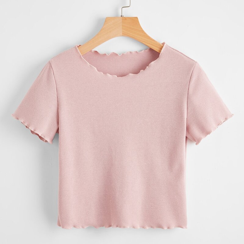 

Solid Lettuce Trim Ribbed Tee, Baby pink