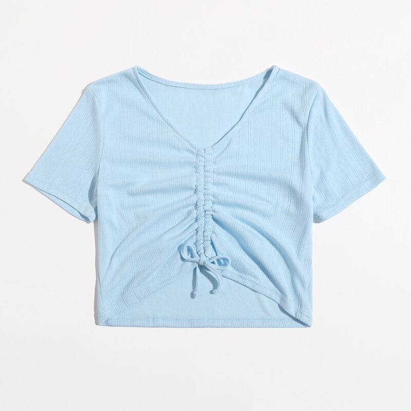 

Solid Drawstring Pointelle Crop Tee, Baby blue