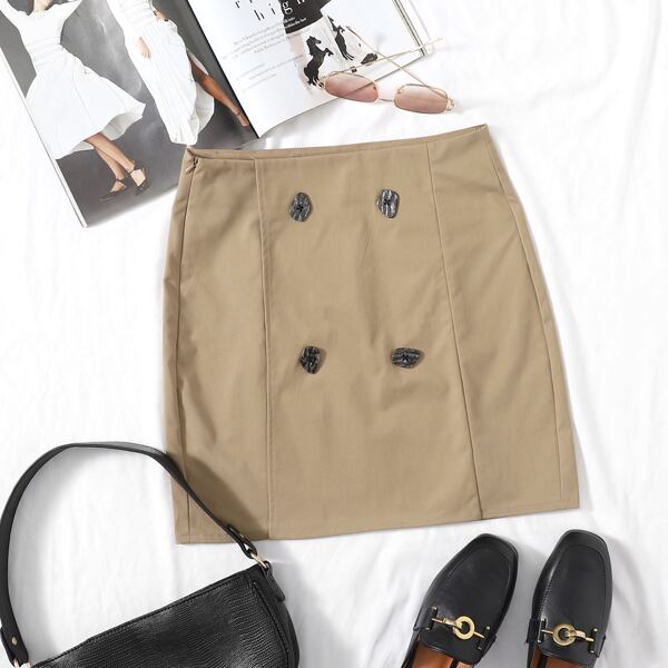 

Double Button Straight Skirt, Khaki