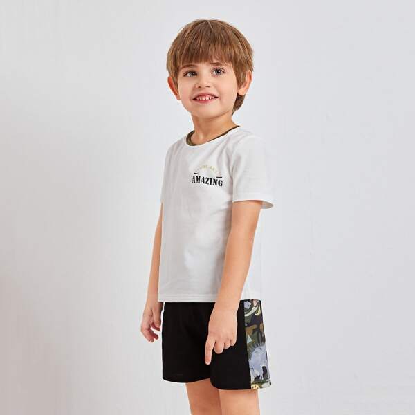 

Toddler Boys Letter Graphic Top & Striped Side Shorts Set, Black and white
