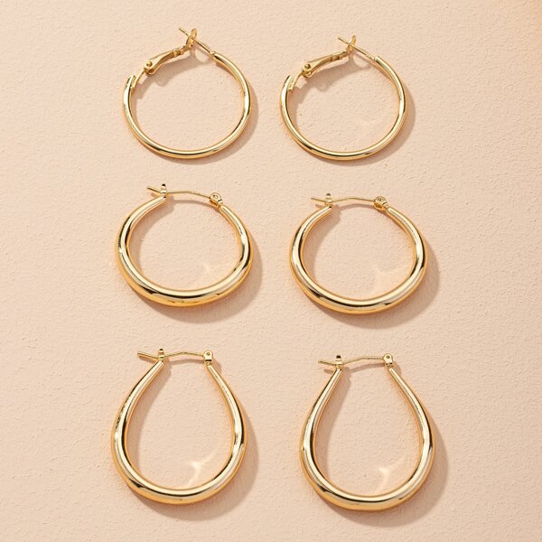 

3pairs Metal Hoop Earrings, Gold