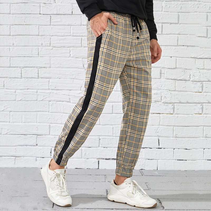 

Guys Plaid Drawstring Waist Carrot Pants, Multicolor