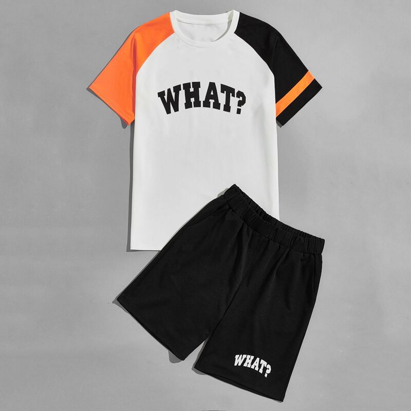 

Guys Color Block Slogan Graphic Tee & Shorts, Multicolor