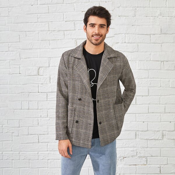 

Men Houndstooth Print Double Breasted Coat, Grey