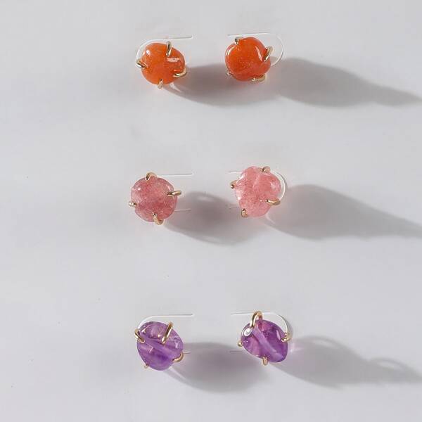 

3pairs Stone Design Stud Earrings, Multicolor